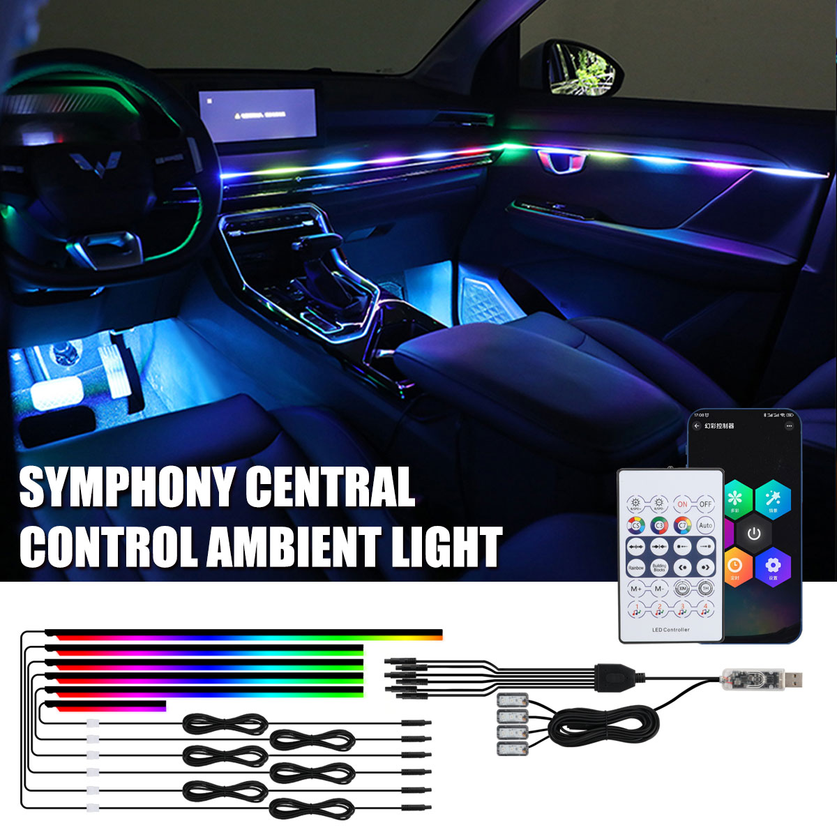 Led Ambient Interior Car Lights App Control - Lampu suasana mobil simfoni Universal, lampu