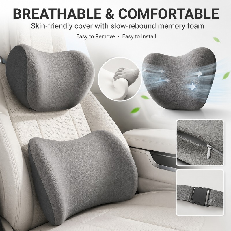 Set Bantal Leher Sandaran Kepa - Memory Foam Car Neck Pillow Lumbar Support ulasan dan harga