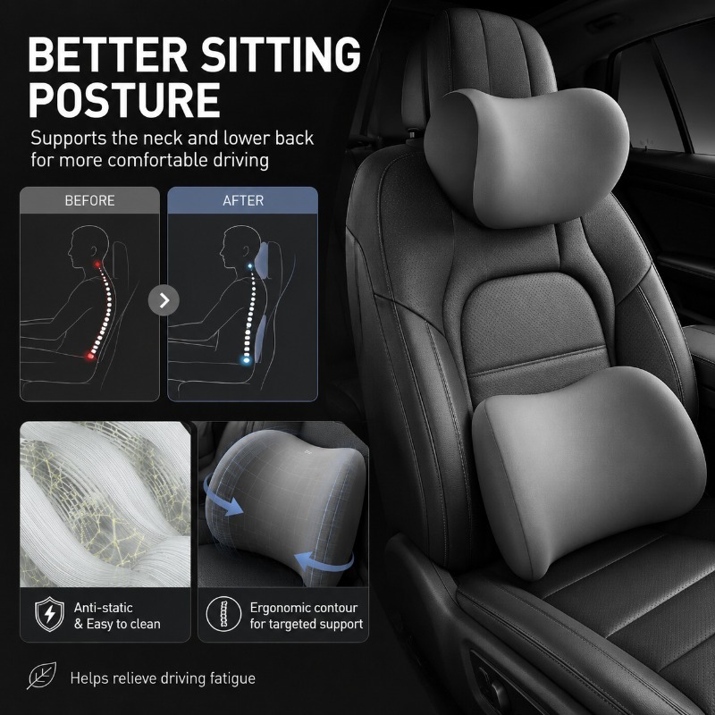Set Bantal Leher Sandaran Kepa - Memory Foam Car Neck Pillow Lumbar Support ulasan dan harga